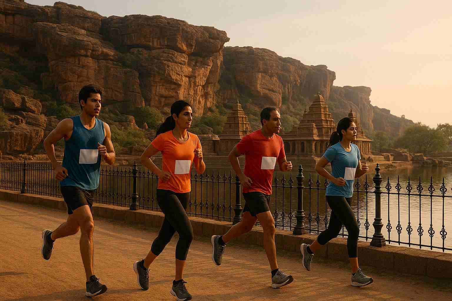 Runners in front of historical building